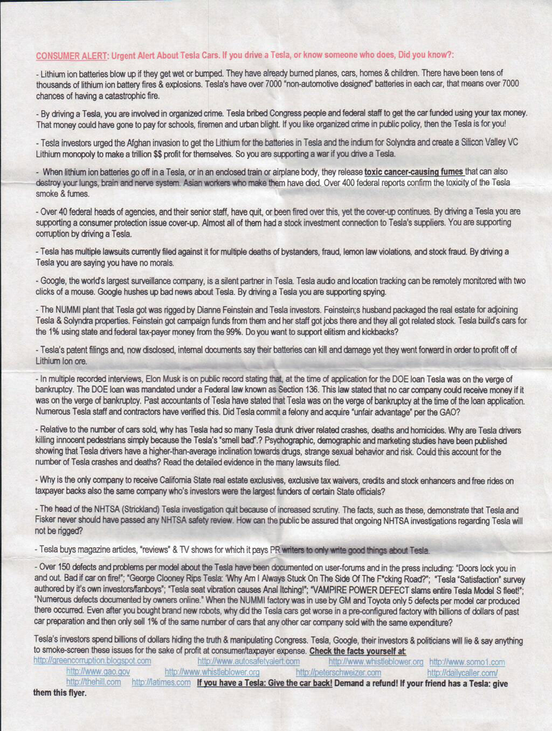 Illustration for article titled Flyer Accuses Tesla Owners Of War, 'Strange Sex,' 'Anal Itching'